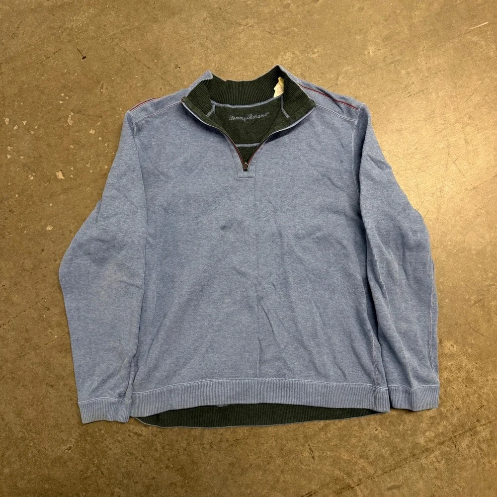Tommy Bahama Mens XL Blue Quarter Zip Cotton Pullover Sweater Marlin Logo 2729